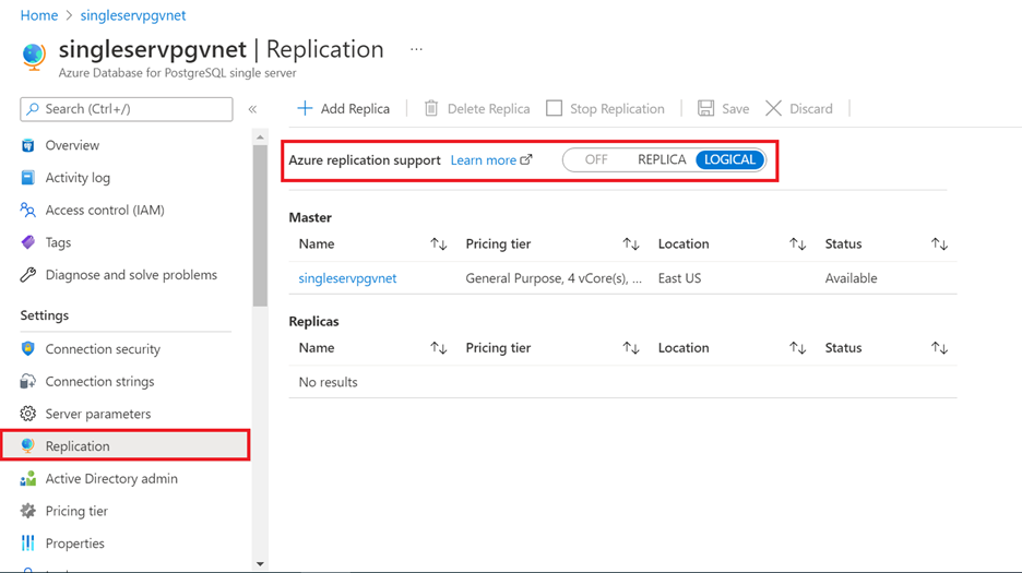 Screenshot of logical replication support in the Azure portal.