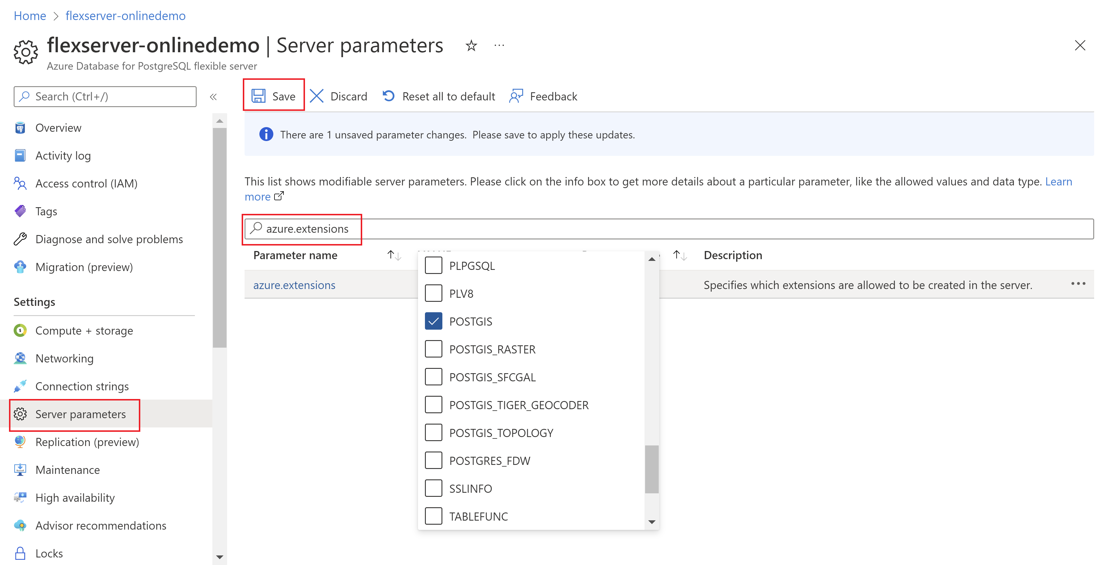 Screenshot of PG extension support in the Flexible Server Azure portal.