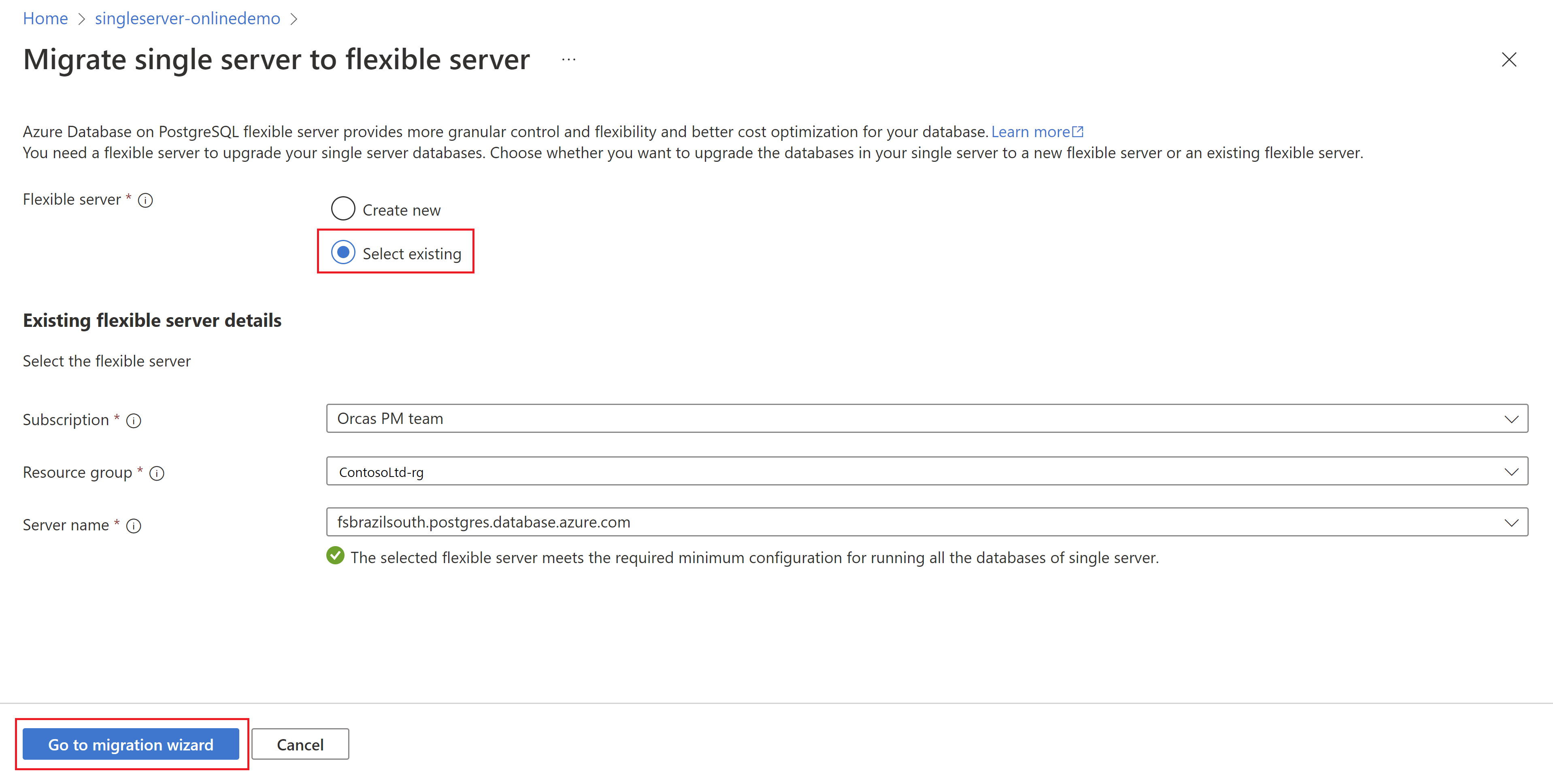 Screenshot to choose existing flexible server option.