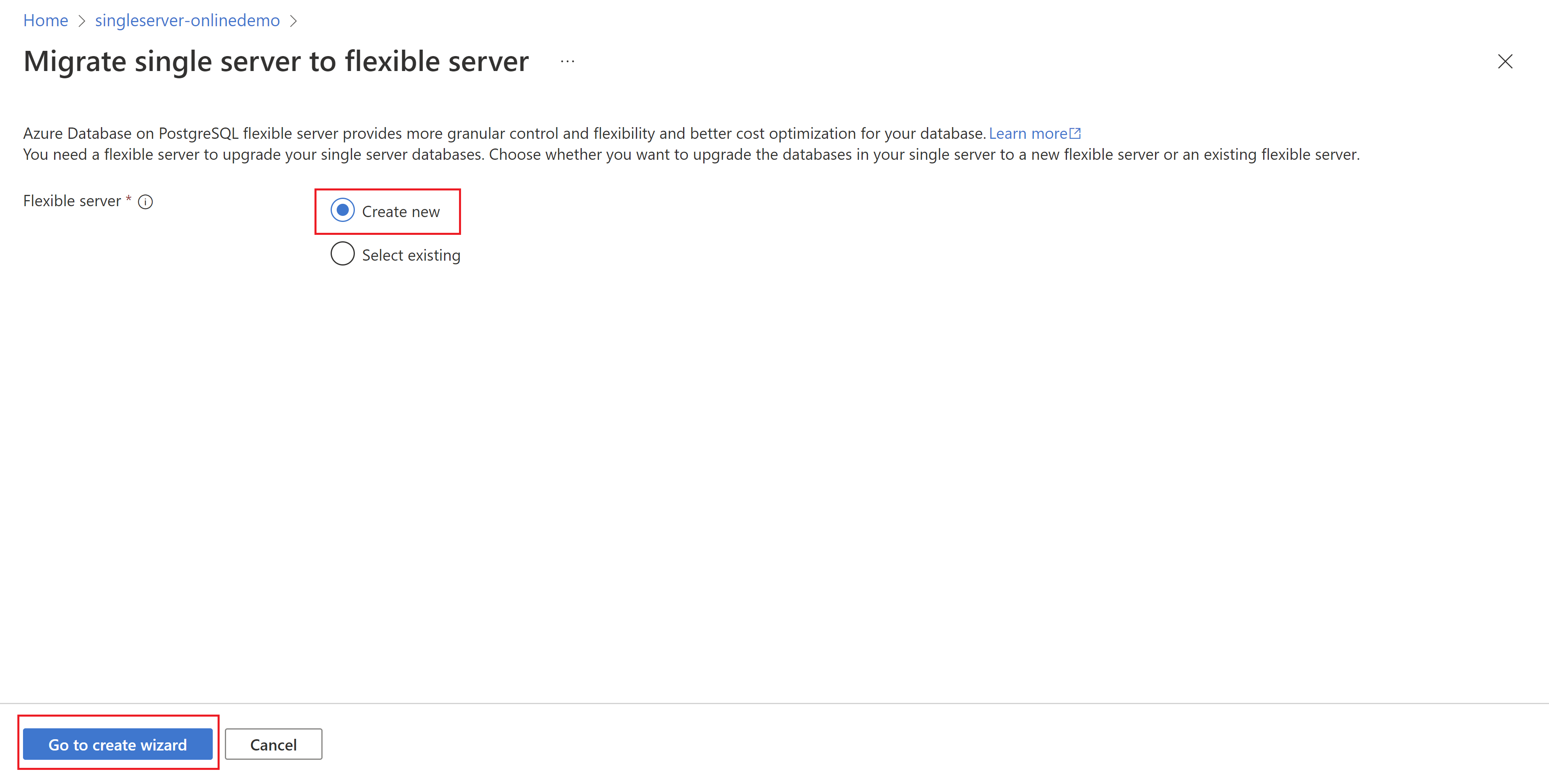 Screenshot to choose new flexible server option.