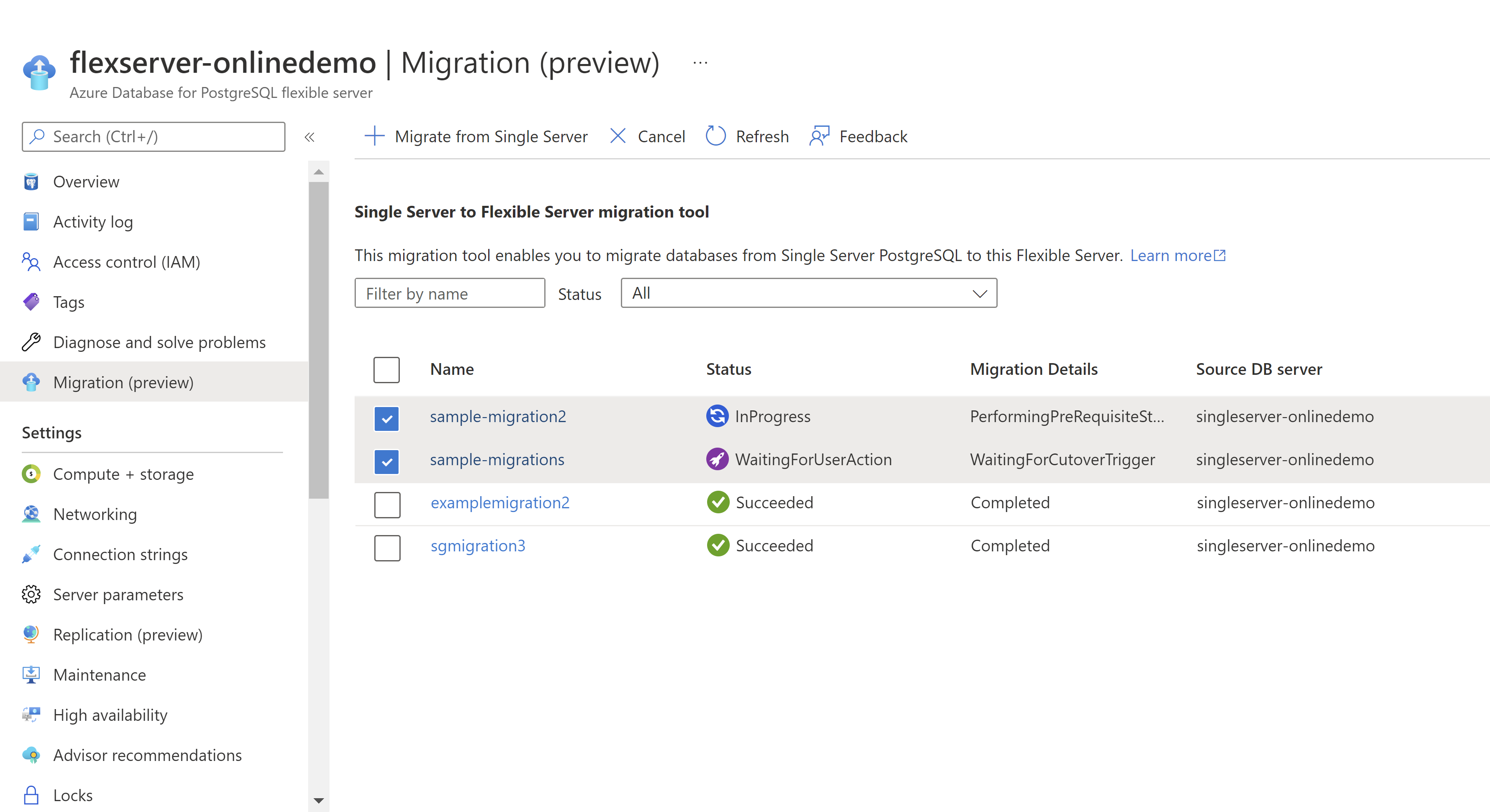 Screenshot of canceling multiple migrations in process.
