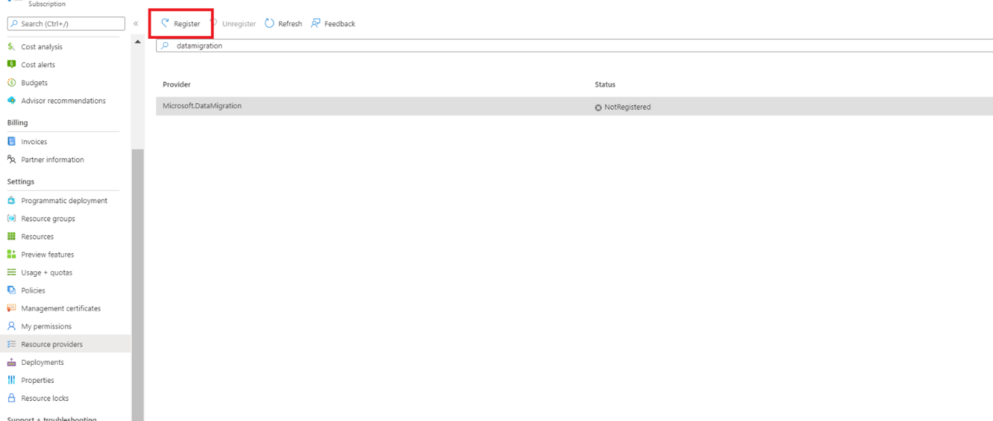 Screenshot of the Register button for Azure Data Migration Service.