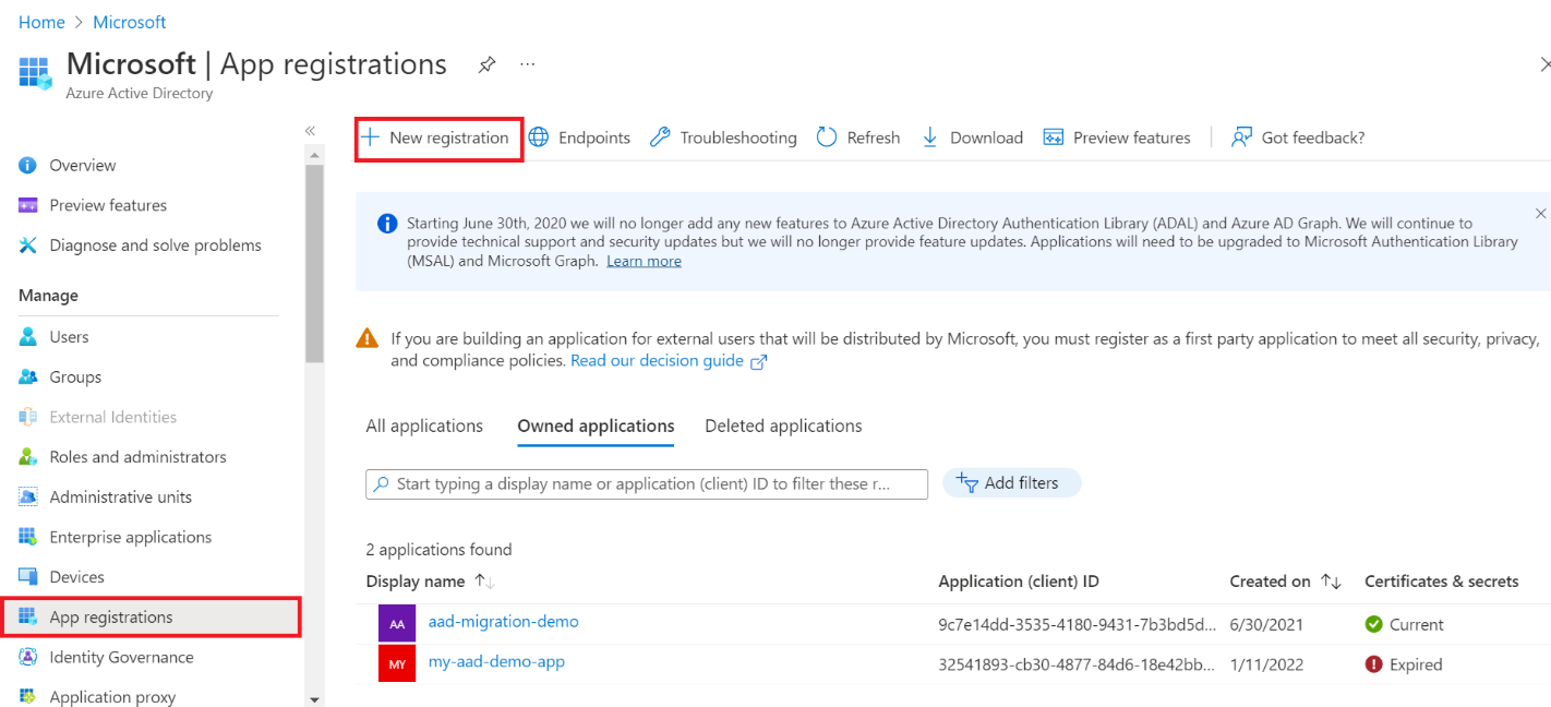 Screenshot that shows selections for creating a new registration for an Azure Active Directory app.
