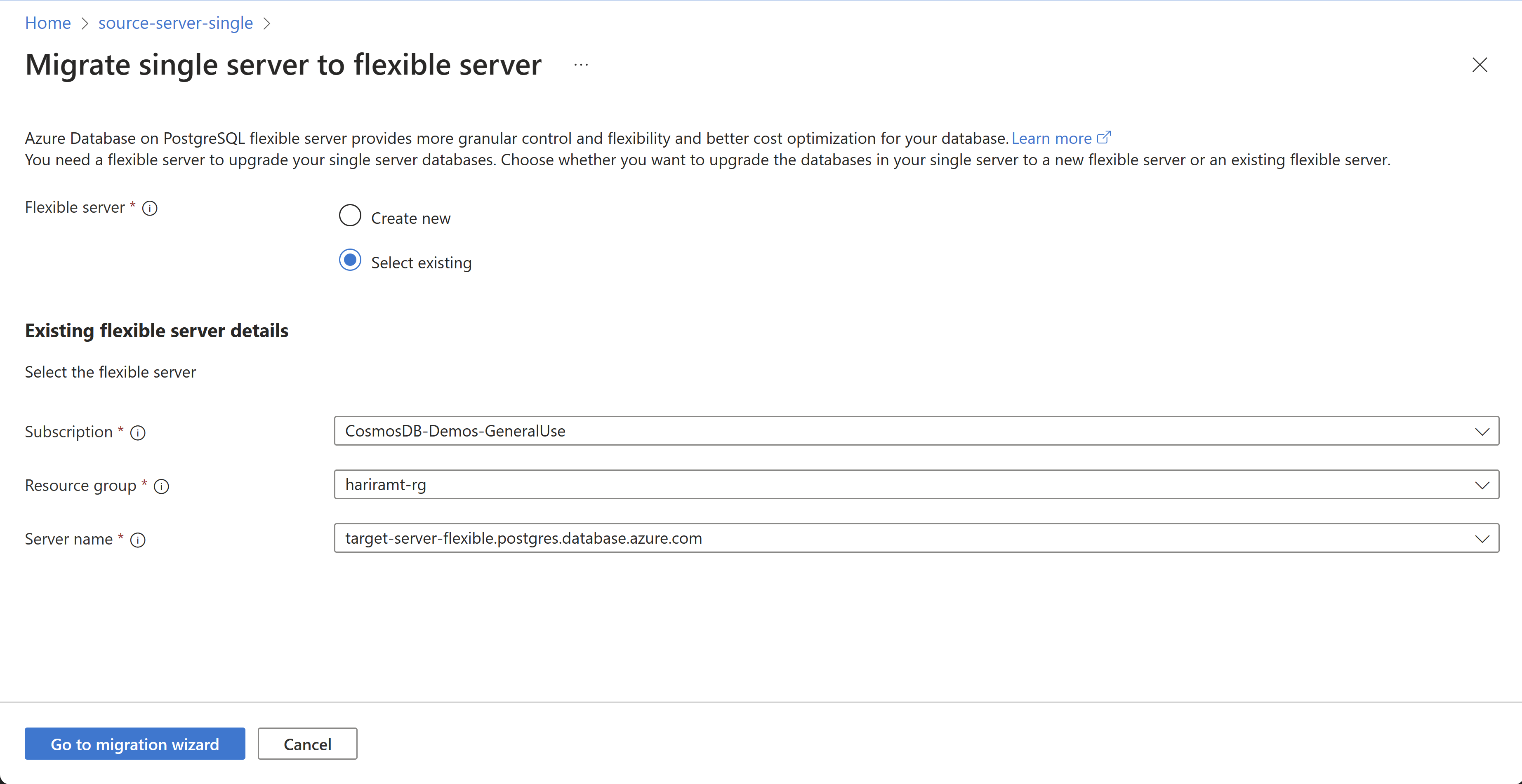 Screenshot to choose existing flexible server option.