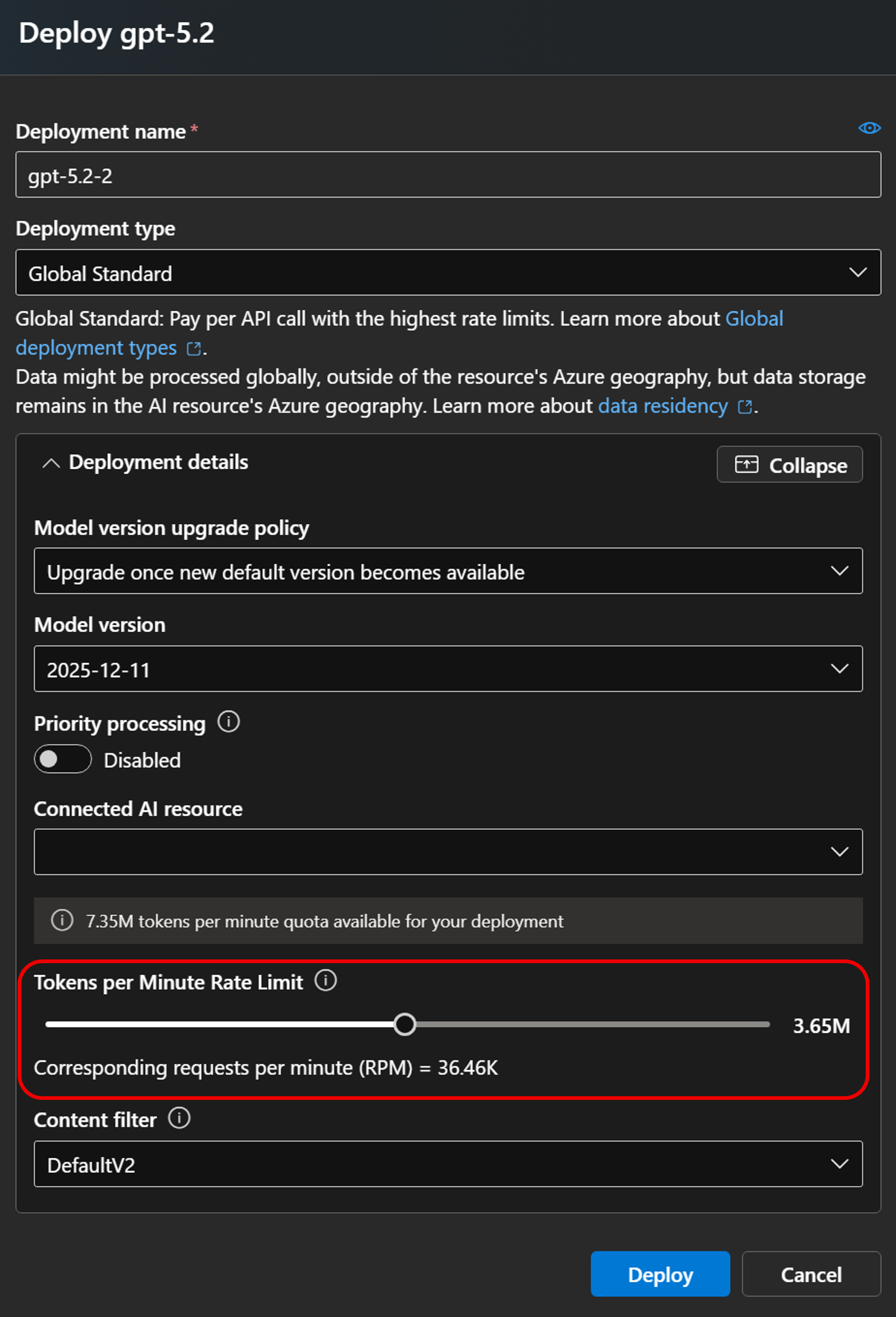 Screenshot of the tokens per minute setting in Microsoft Foundry.