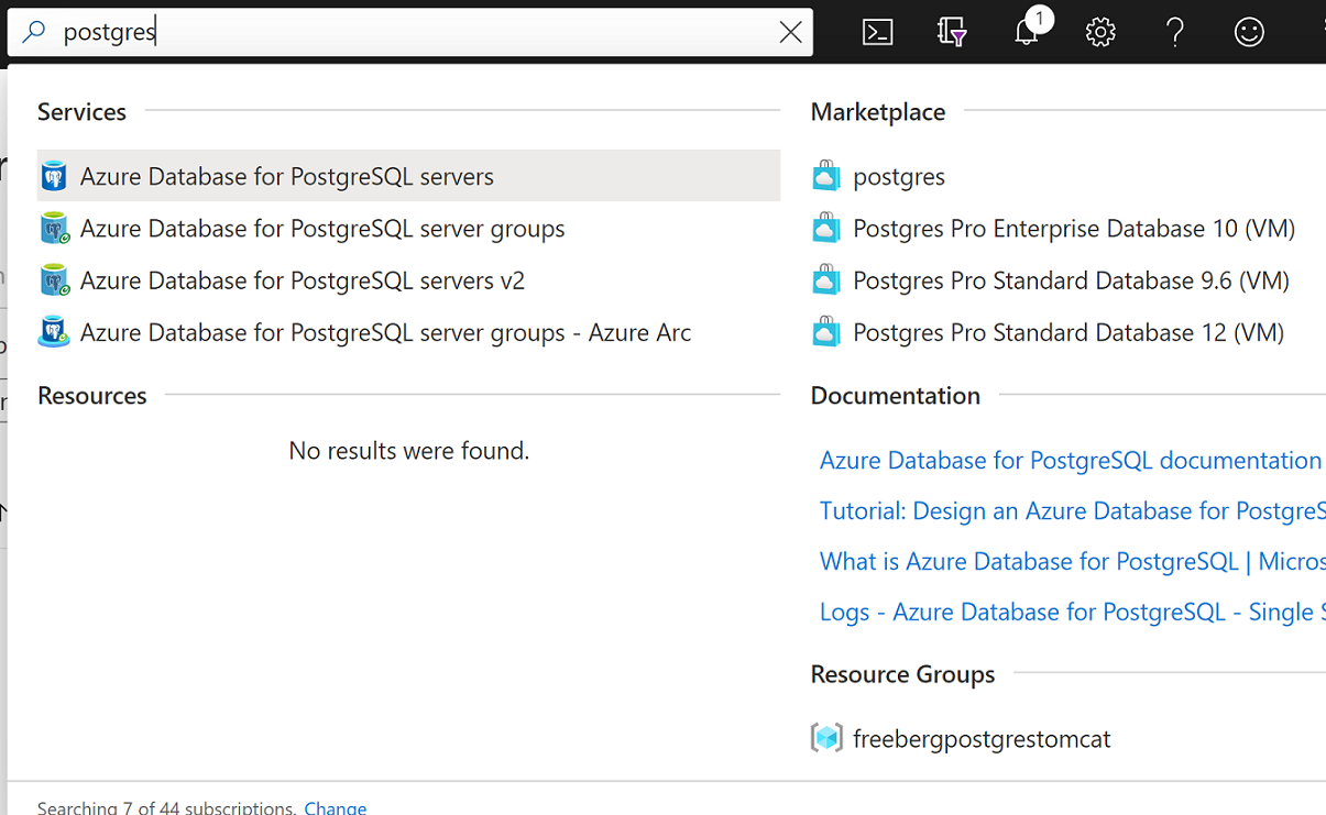 Find Azure Database for PostgreSQL.