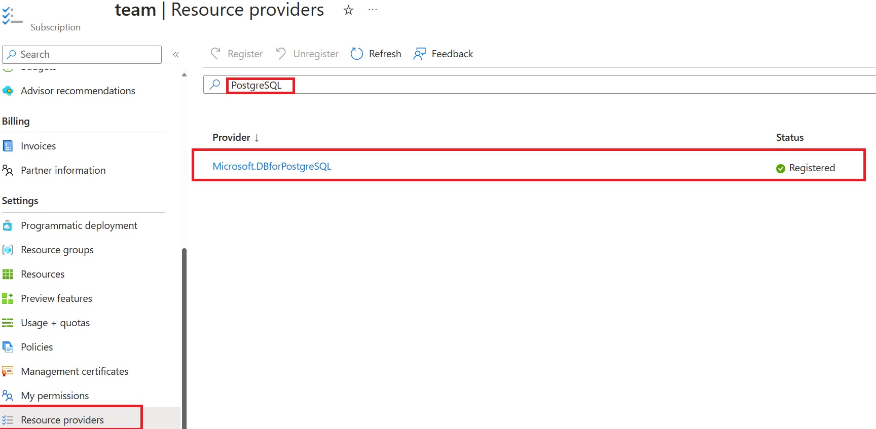 Screenshot of Register PostgreSQL Resource Provider.