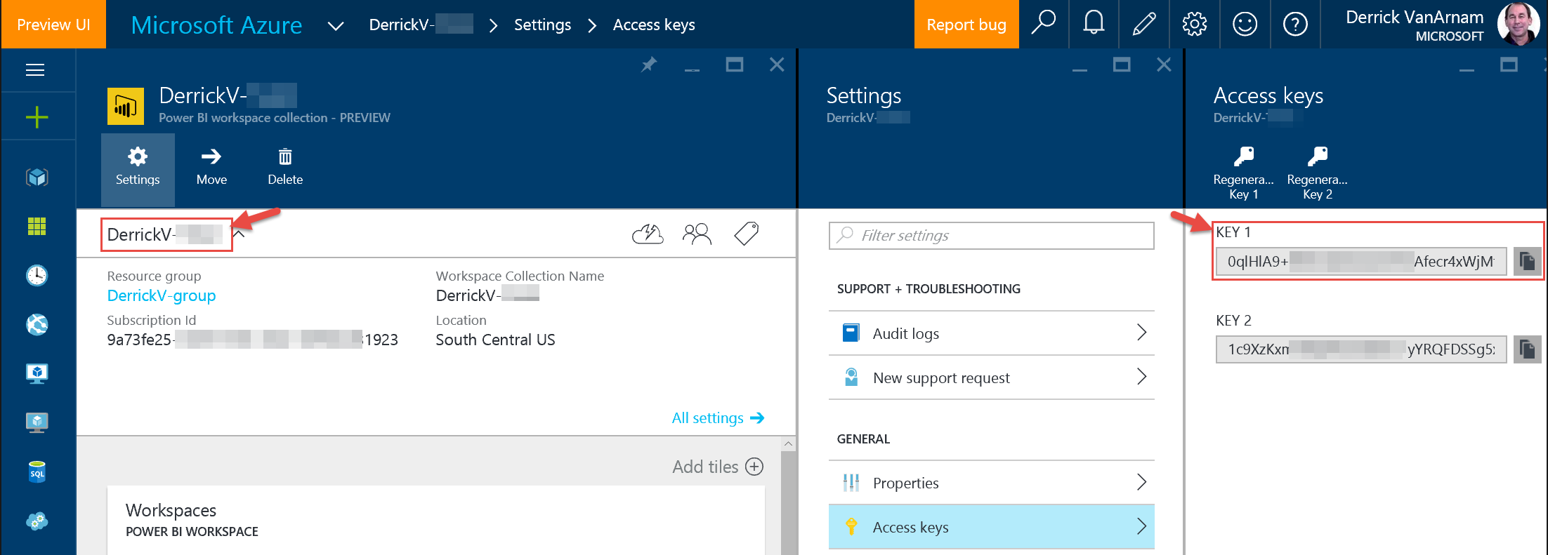 Access keys within Azure portal