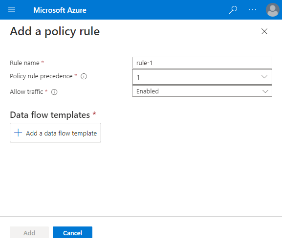 Screenshot of the Azure portal showing the Add policy rule fields.