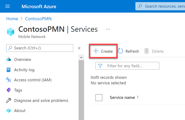 Screenshot of the Azure portal showing the Create option in the command bar.