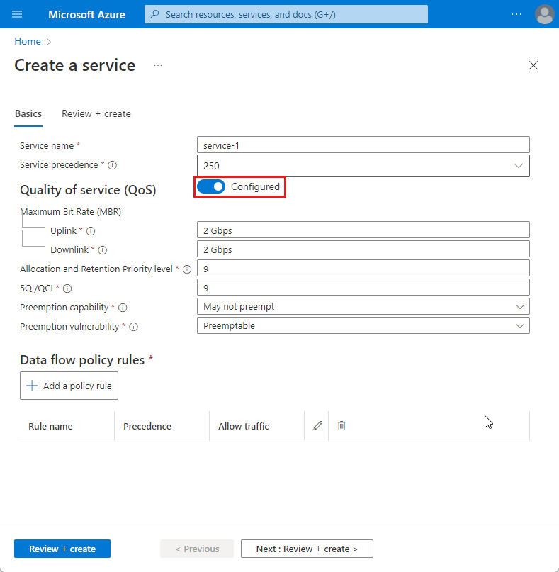 Screenshot of the Azure portal showing the Basics configuration tab for a service.