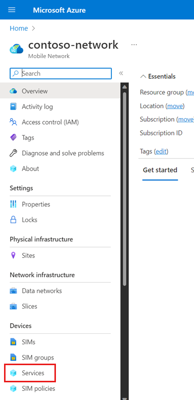 Screenshot of the Azure portal. It shows the Services option in the resource menu of a Mobile Network resource.