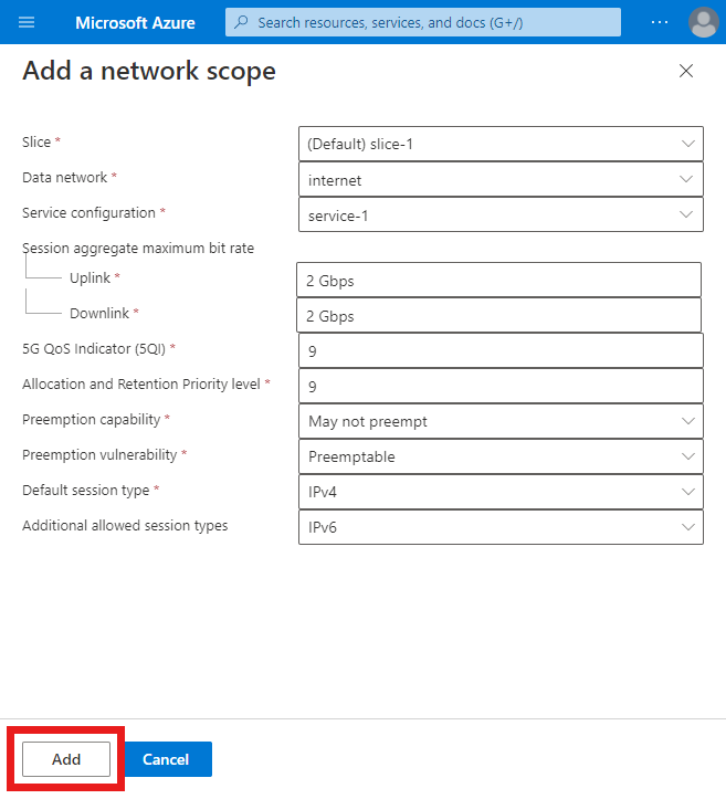 Screenshot of the Azure portal. It shows the Add a network scope screen. The Add button is highlighted.