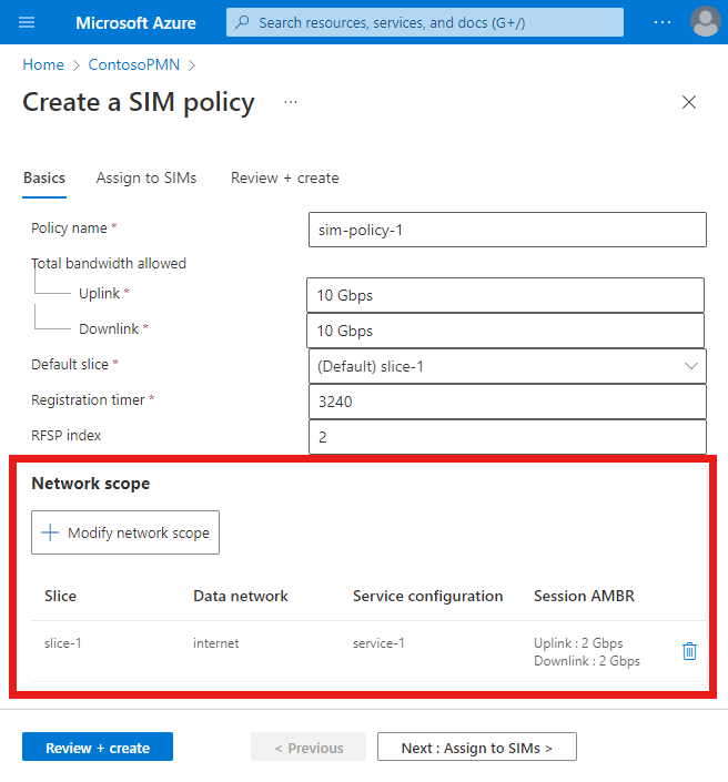 Screenshot of the Azure portal. It shows the Create a SIM policy screen. The Network scope section is highlighted.