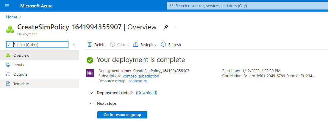 Screenshot of the Azure portal. It shows confirmation of the successful deployment of a SIM policy.