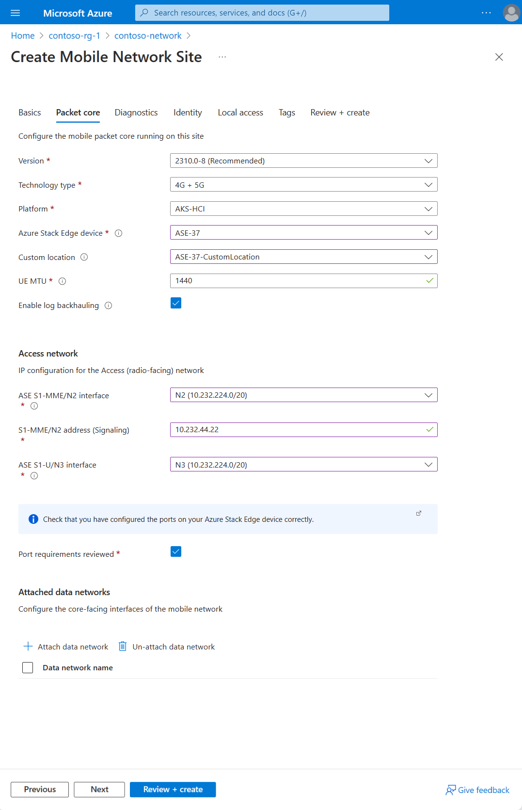 Screenshot of the Azure portal showing the Packet core configuration tab for a site resource.
