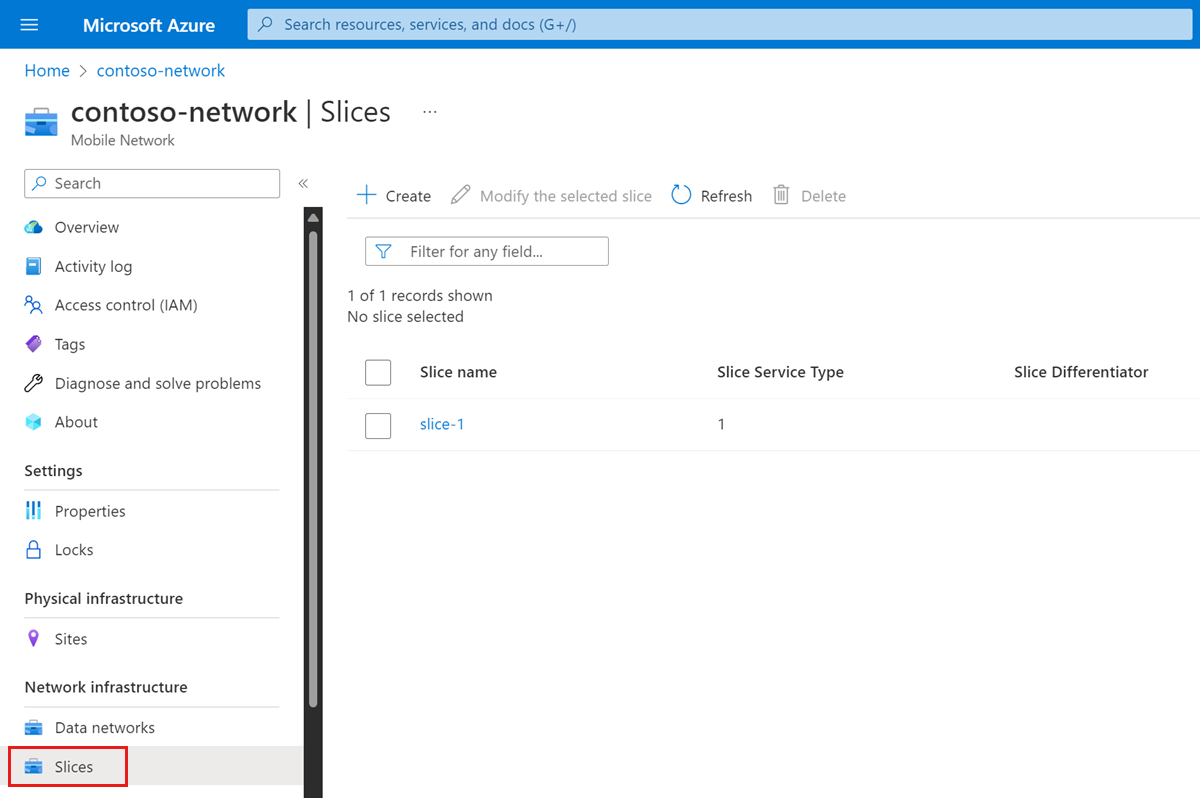 Screenshot of the Azure portal showing a list of network slices. The Slices resource menu option is highlighted.