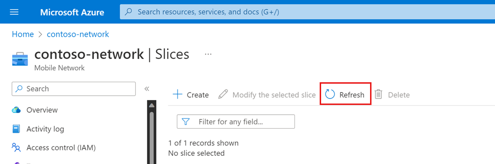 Screenshot of the Azure portal showing the Refresh slices option.
