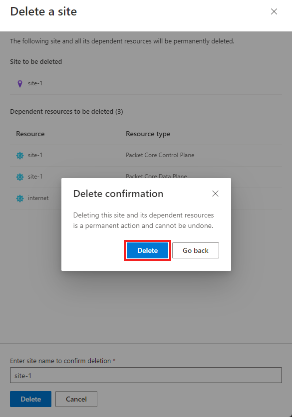 Screenshot of the Azure portal showing the conformation window to delete a site.