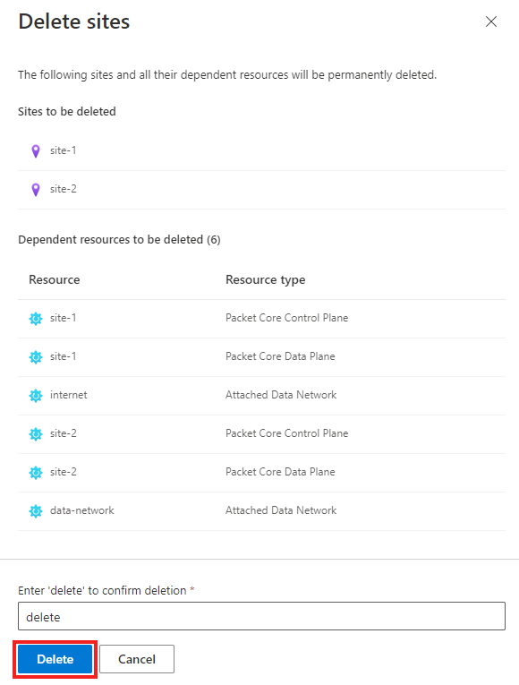 Screenshot of the Azure portal showing the review resources tab for deletion of multiple sites.