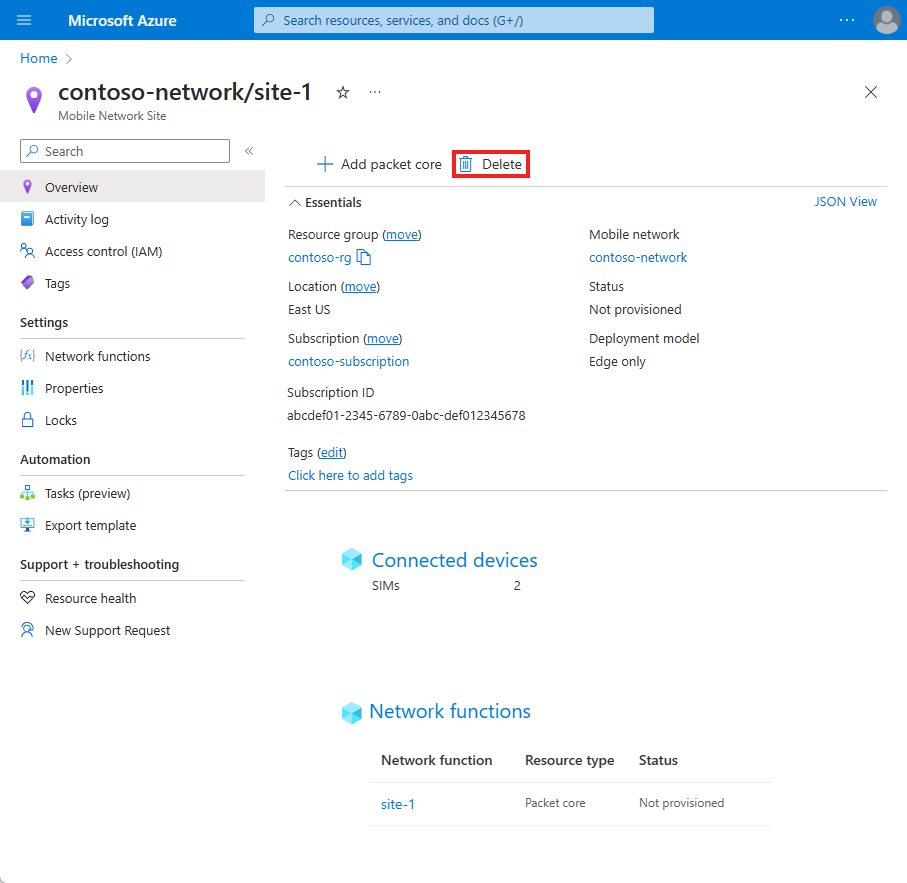 Screenshot of the Azure portal the delete button on the site overview.