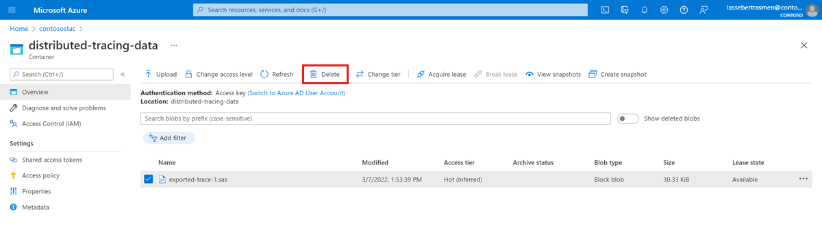 Screenshot of the Azure portal showing the Overview display of a Container resource. The Delete button is highlighted.