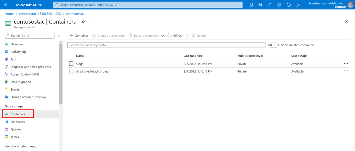 Screenshot of the Azure portal showing the Containers option in the resource menu of a Storage account resource.