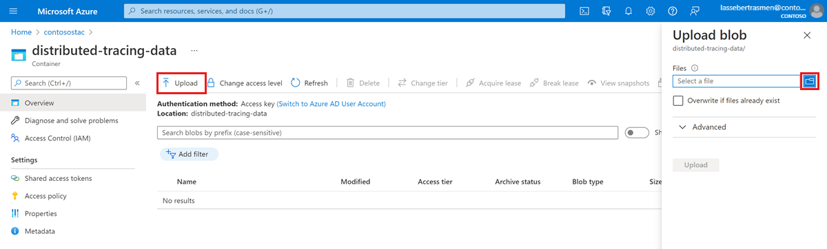 Screenshot of the Azure portal showing the Overview display of a Container resource. The Upload button is highlighted.
