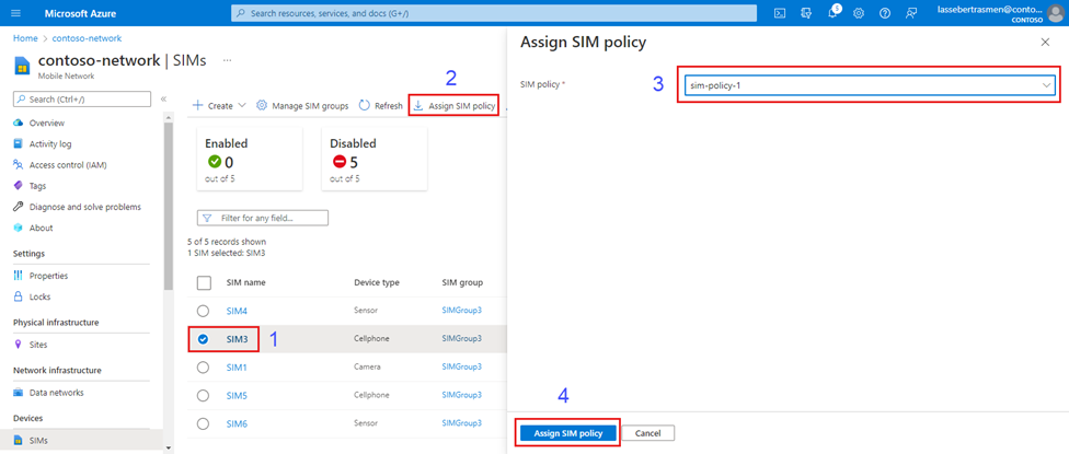 Screenshot of the Azure portal. It shows a list of provisioned SIMs and fields to assign a SIM policy.