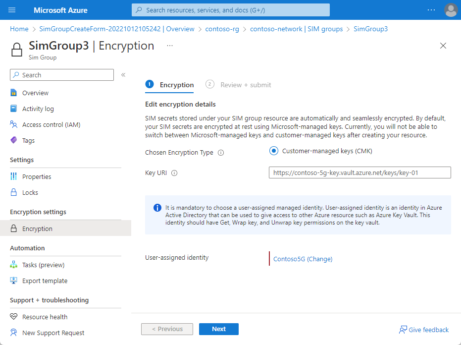 Screenshot of the Azure portal showing the Encryption blade of a SIM group.
