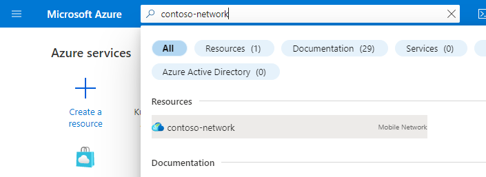 Screenshot of the Azure portal. It shows the results of a search for a mobile network resource.