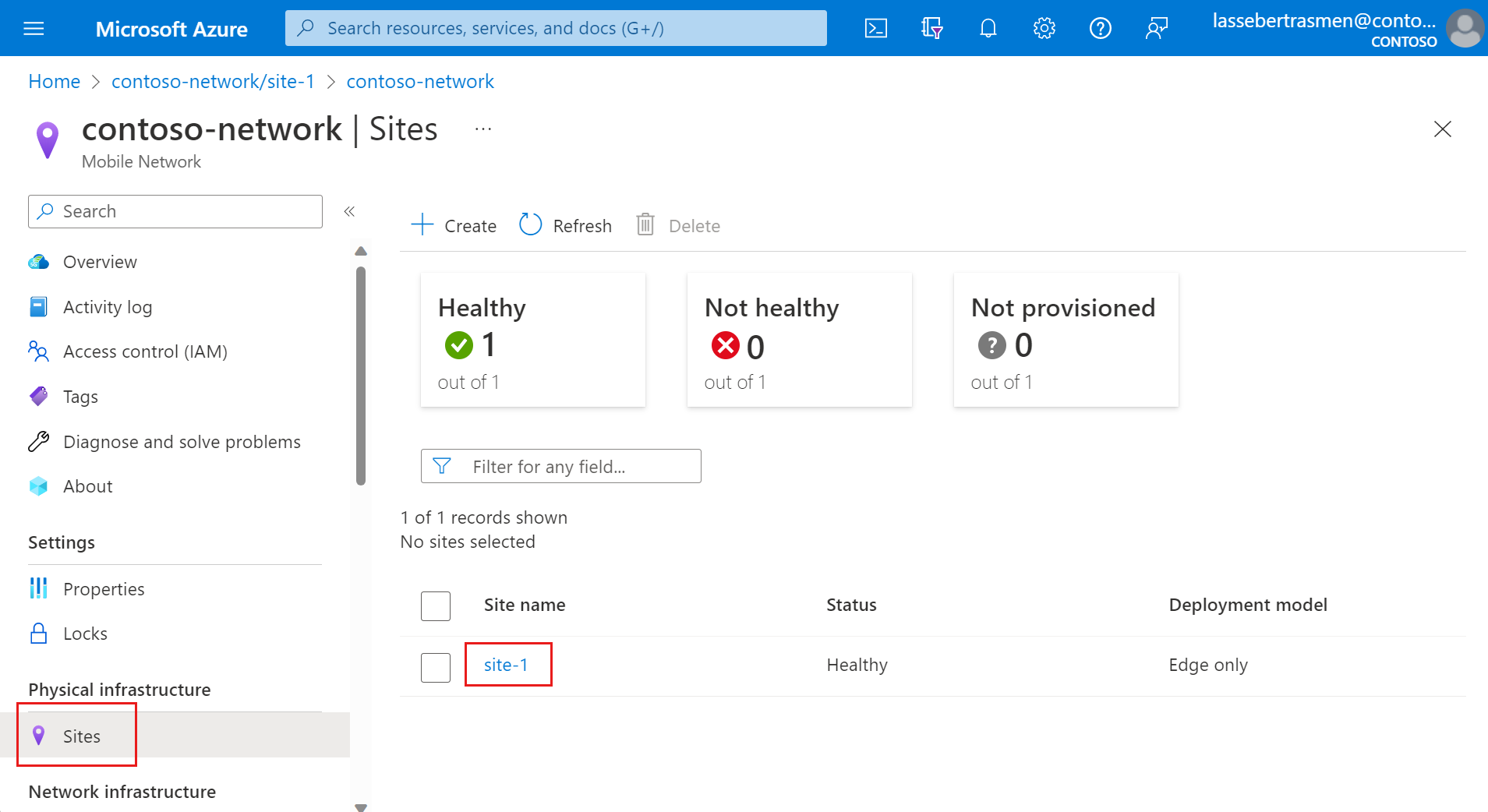 Screenshot of the Azure portal showing the Sites view in the Mobile Network resource.