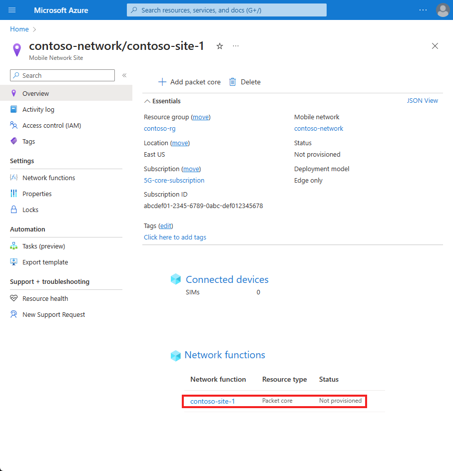 Screenshot of the Azure portal. It shows a Mobile Network Site with a Packet Core resource highlighted.