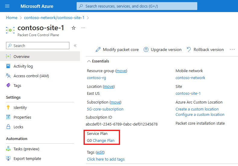 Screenshot of the Azure portal showing a packet core control plane resource. The Service Plan field is highlighted.