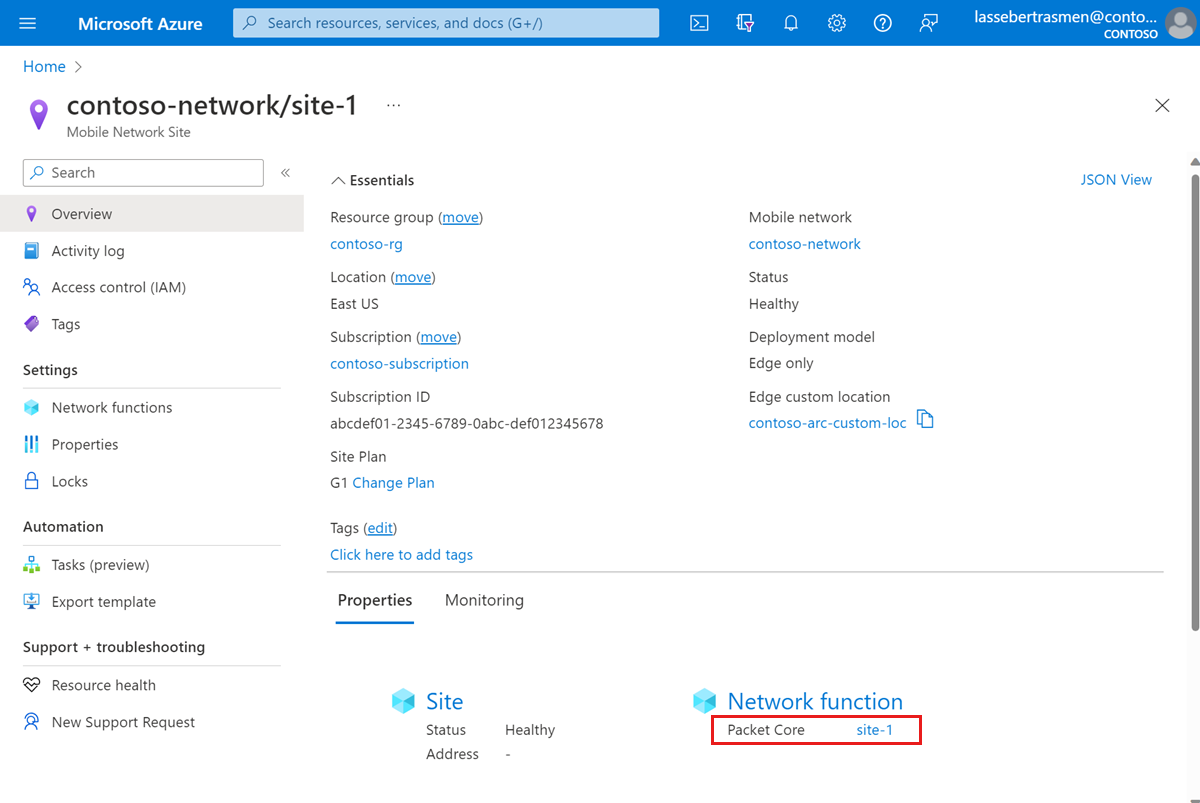 Screenshot of the Azure portal showing the Packet Core field.