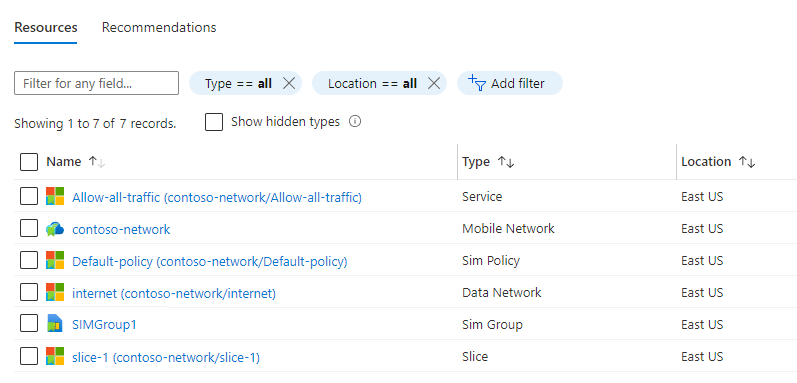Screenshot of the Azure portal showing a resource group containing Mobile Network, SIM, SIM group, Service, SIM policy, Data Network, and Slice resources.