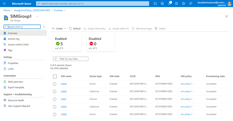 Screenshot of the Azure portal showing a SIM group resource containing SIMs.