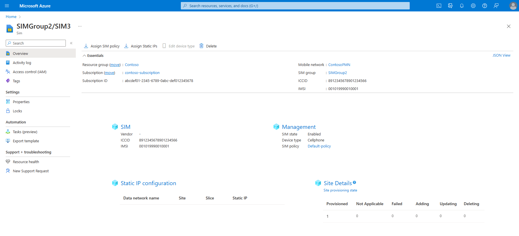 Screenshot of the Azure portal showing the configuration a new SIM resource.