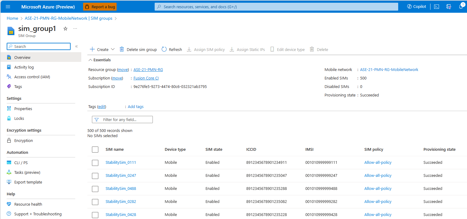 Screenshot of the Azure portal. It shows a list of currently provisioned SIMs in a SIM group.