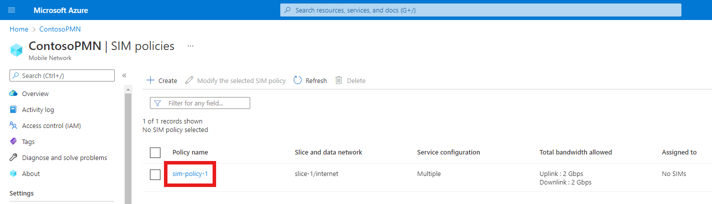 Screenshot of the Azure portal with a list of configured SIM policies for a private mobile network. The sim-policy-1 resource is highlighted.