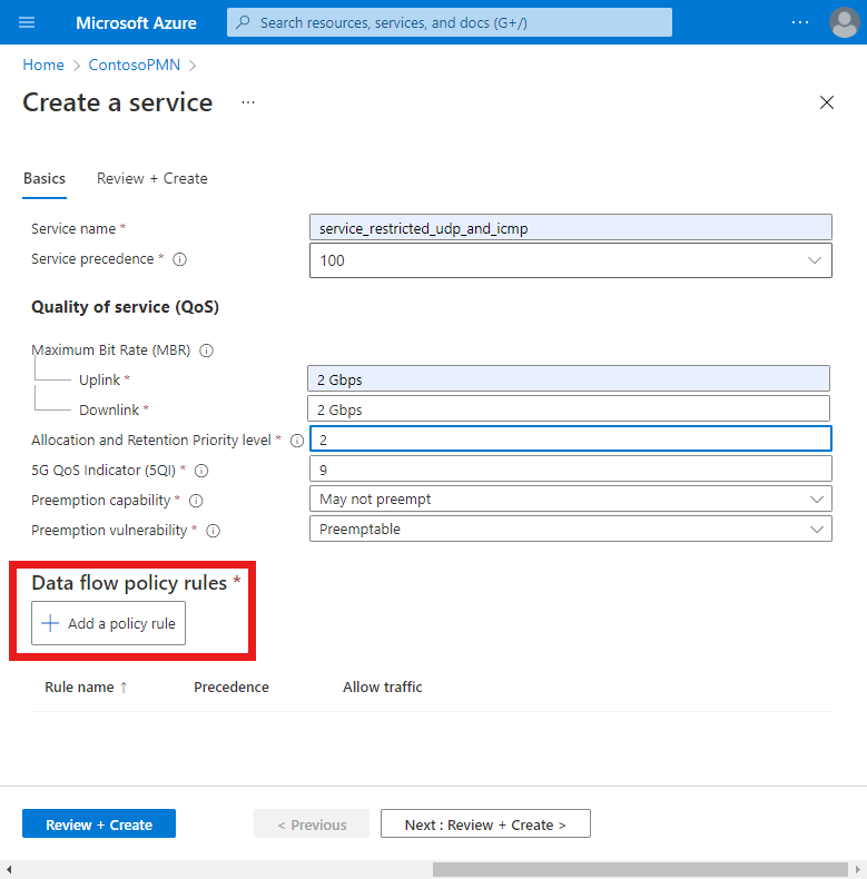 Screenshot of the Azure portal showing the Create a service screen with protocol filtering configuration. The Add a policy rule button is highlighted.