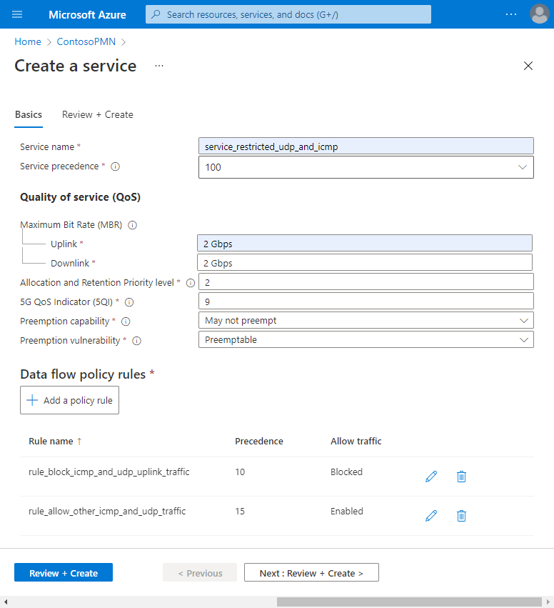 Screenshot of the Azure portal. It shows the Create a service screen with all fields correctly filled out and two data flow policy rules.