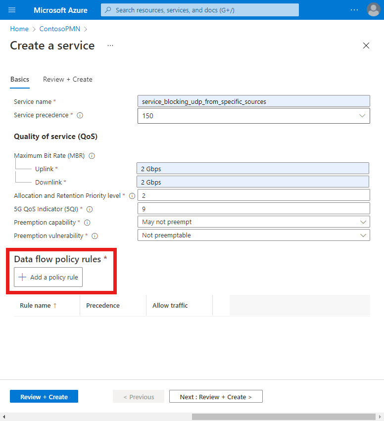 Screenshot of the Azure portal showing the Create a service screen with traffic blocking configuration. The Add a policy rule button is highlighted.