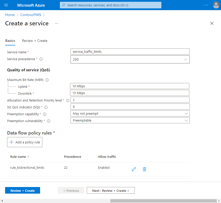 Screenshot of the Azure portal. It shows completed fields for a service to limit traffic, including data flow policy rules.