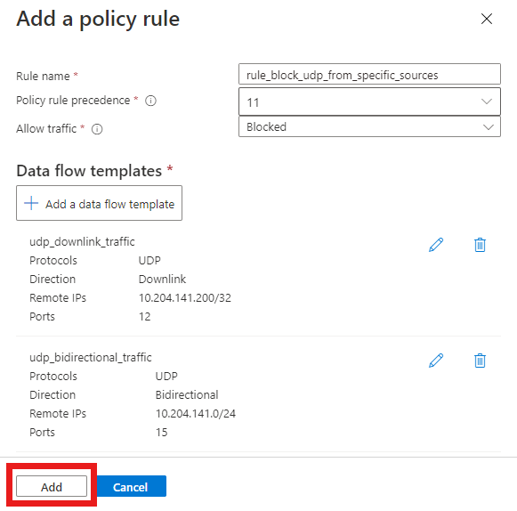 Screenshot of the Azure portal. It shows the Add a policy rule screen with configuration for a rule to block certain UDP traffic.