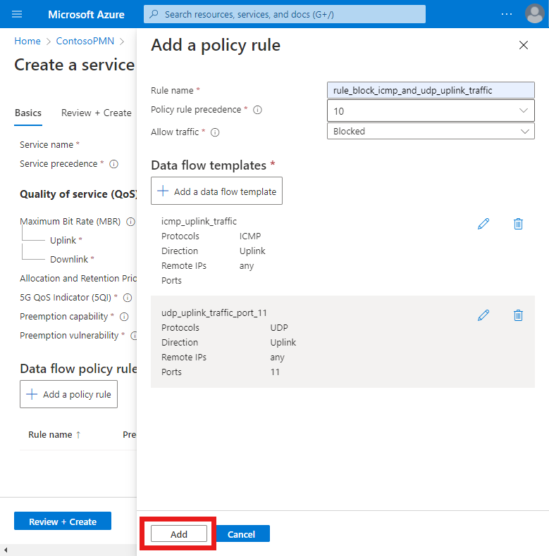 Screenshot of the Azure portal. The Add a policy rule screen is shown with protocol filtering configuration and the Add button is highlighted.