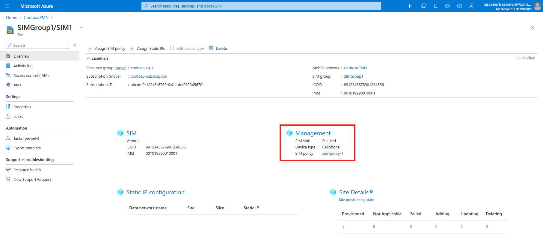 Screenshot of the Azure portal showing a SIM resource. The SIM policy field is highlighted in the Management section.
