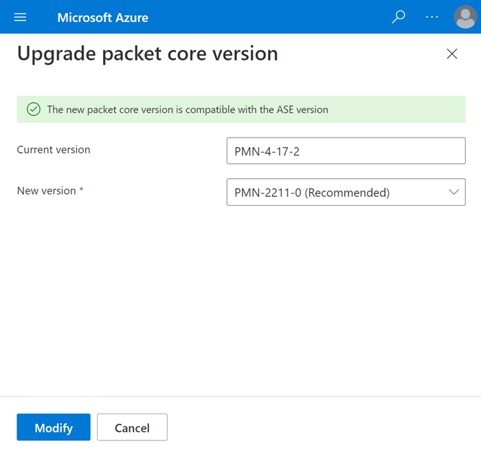 Screenshot of the Azure portal showing the New version field on the Upgrade packet core version screen. The recommended up-level version is selected.