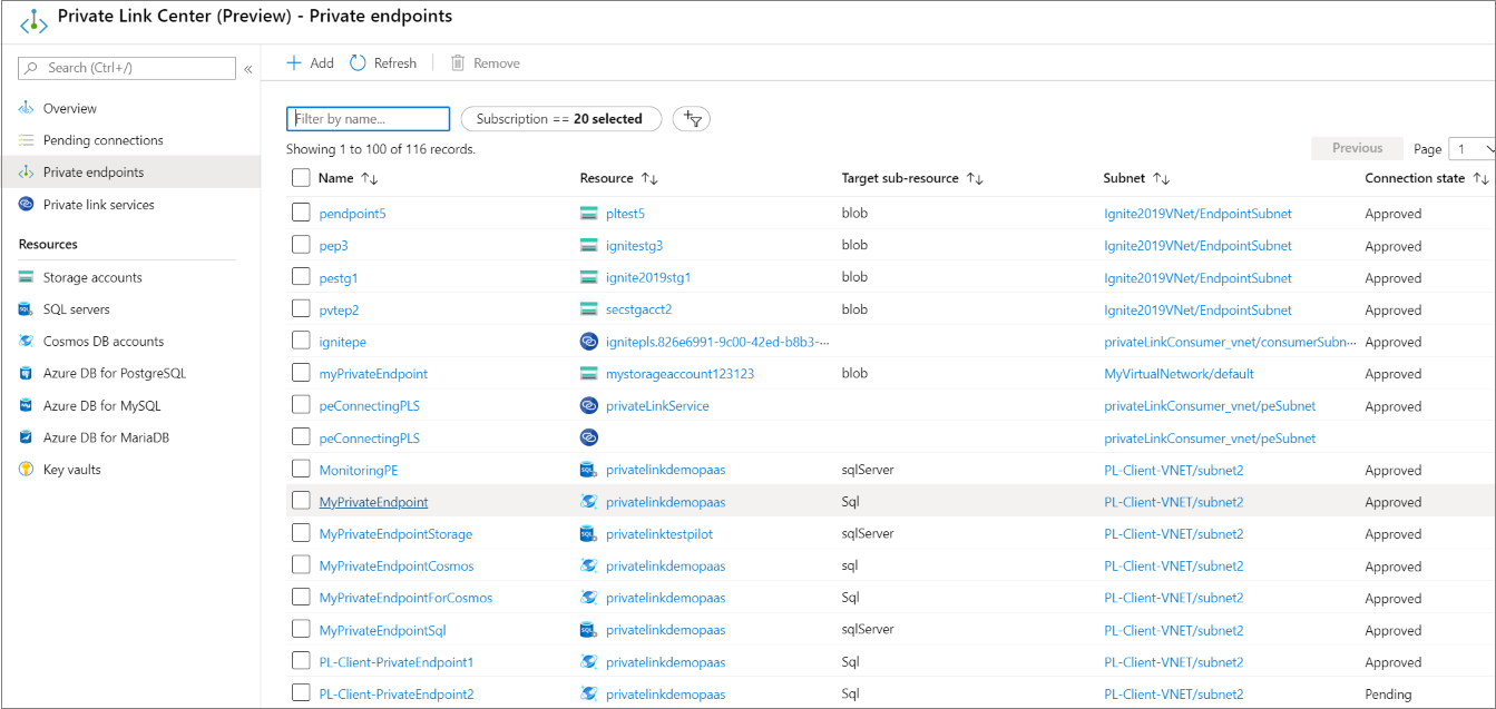 Screenshot of private endpoints.