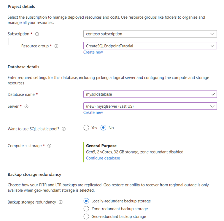 Screenshot of Create S Q L Database page showing the settings used.